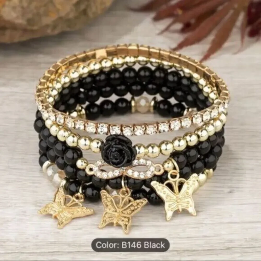 NWT- 4pc Beaded Bracelet Boho Style Butterfly Charm Adjustable Black Silver Gold